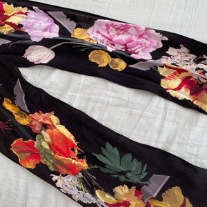 Silk floral skinny scarf with fringe